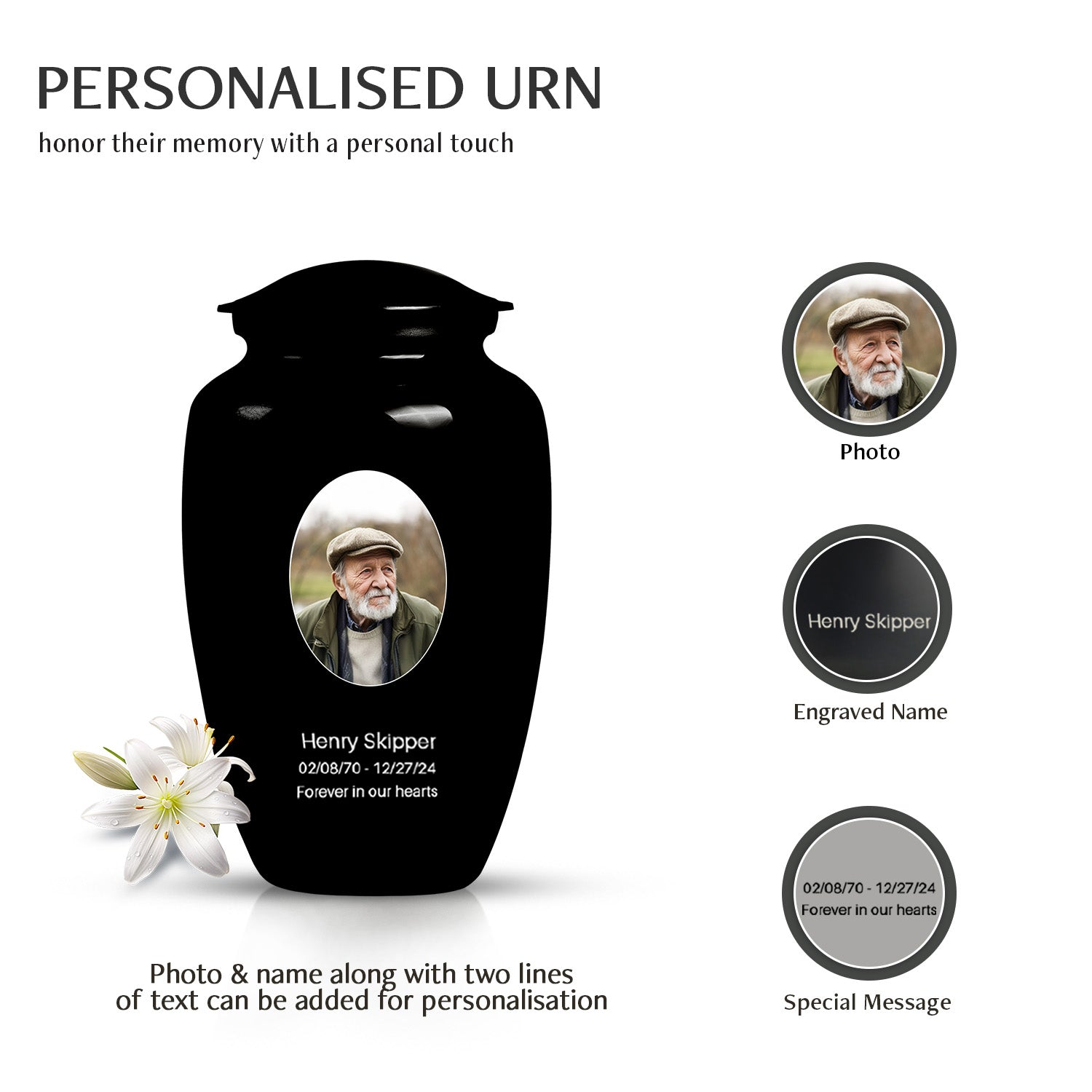 Plain Black Portrait Customizable Urn for Human Ashes- Black Urn For Cremation
