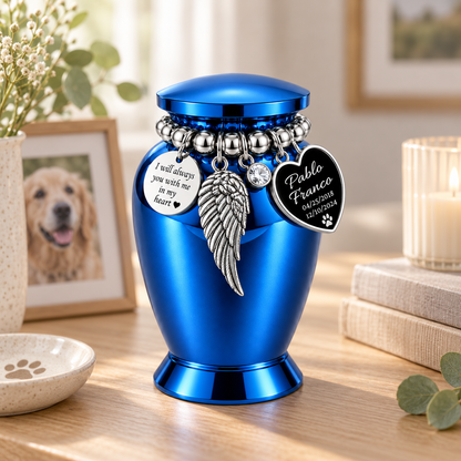 Blue Cremation Urn for Pet Ashes with Silver-Tone Charms