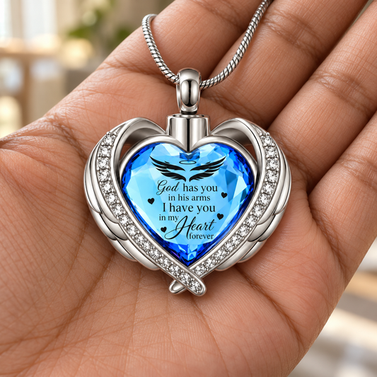 Blue Heart Angel Wings Memorial Necklace | Forever in My Heart Pendant