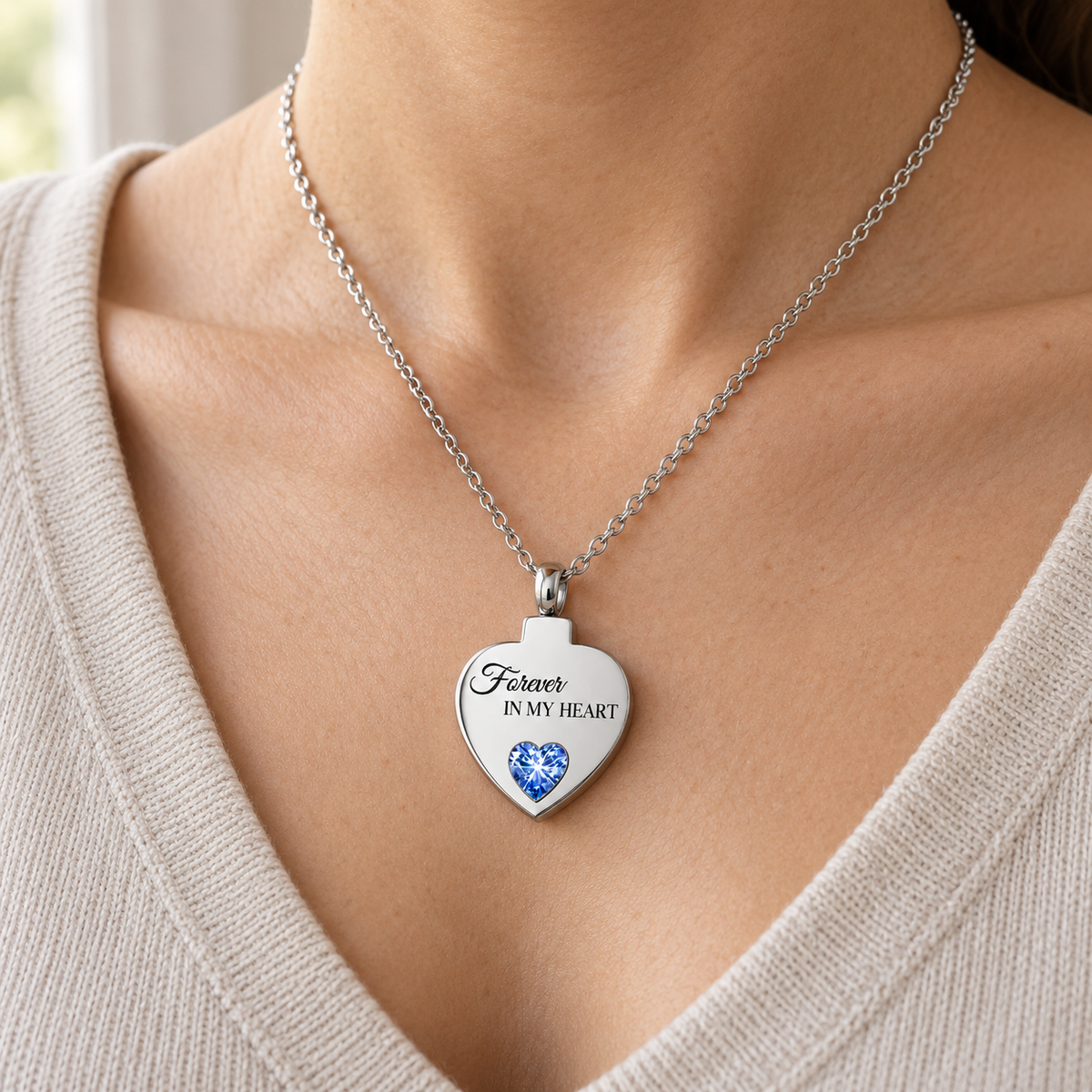 Blue Crystal Memorial Necklace – Forever in My Heart Pendant