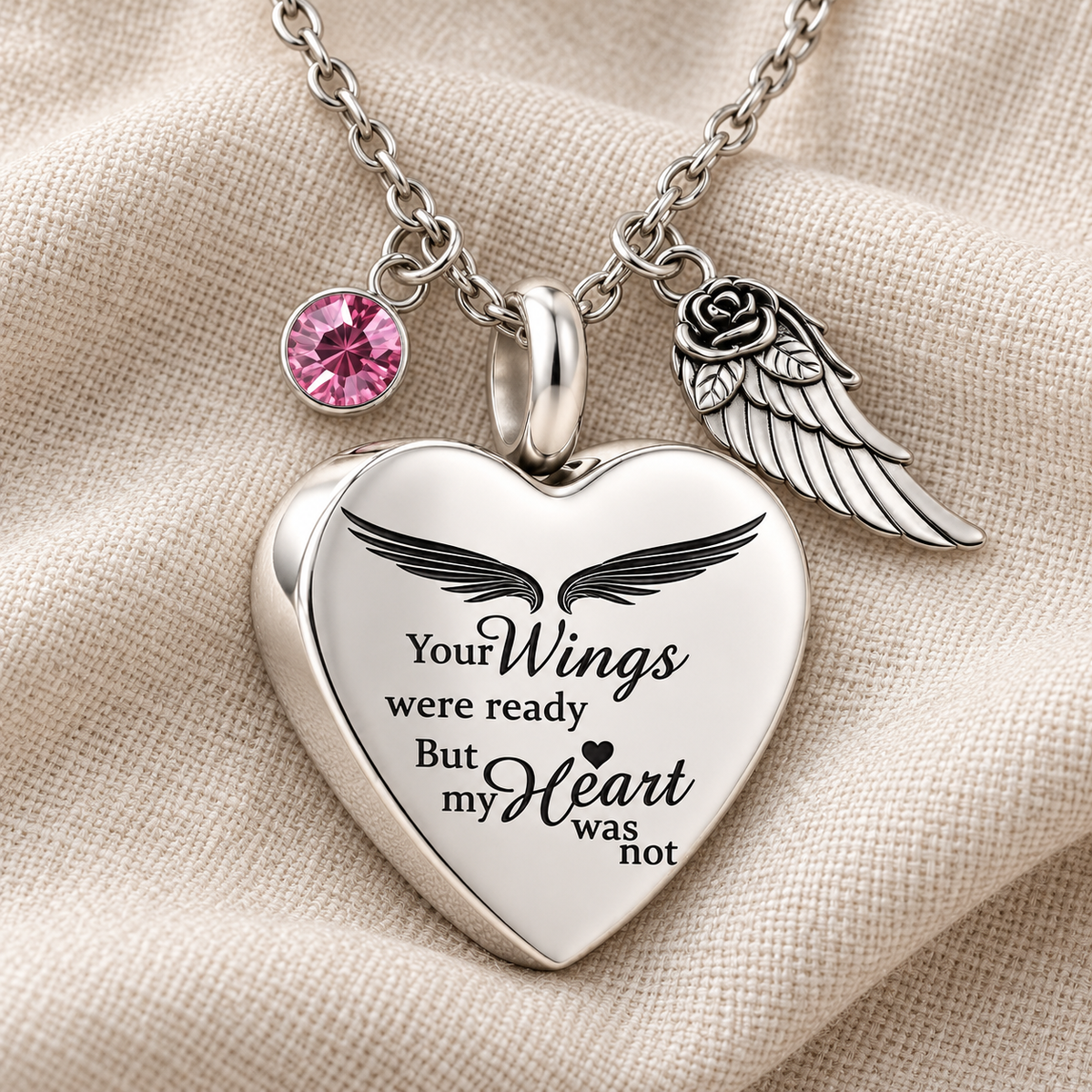 Angel Wings Heart Memorial Necklace with Pink Crystal & Wing Charm