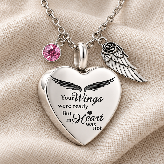 Angel Wings Heart Memorial Necklace with Pink Crystal & Wing Charm