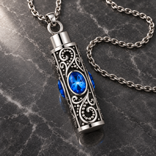 Cremation Necklace for Ashes with Oval Blue Stones and Silver-Tone Scrollwork