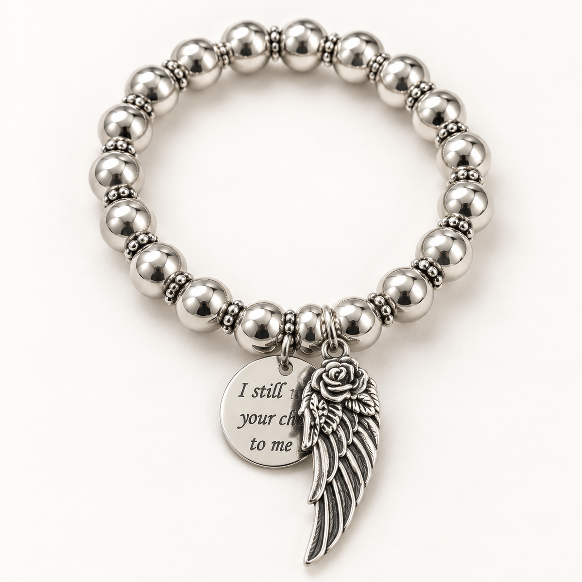 Silver Bead Memorial Bracelet with Angel Wing Charm