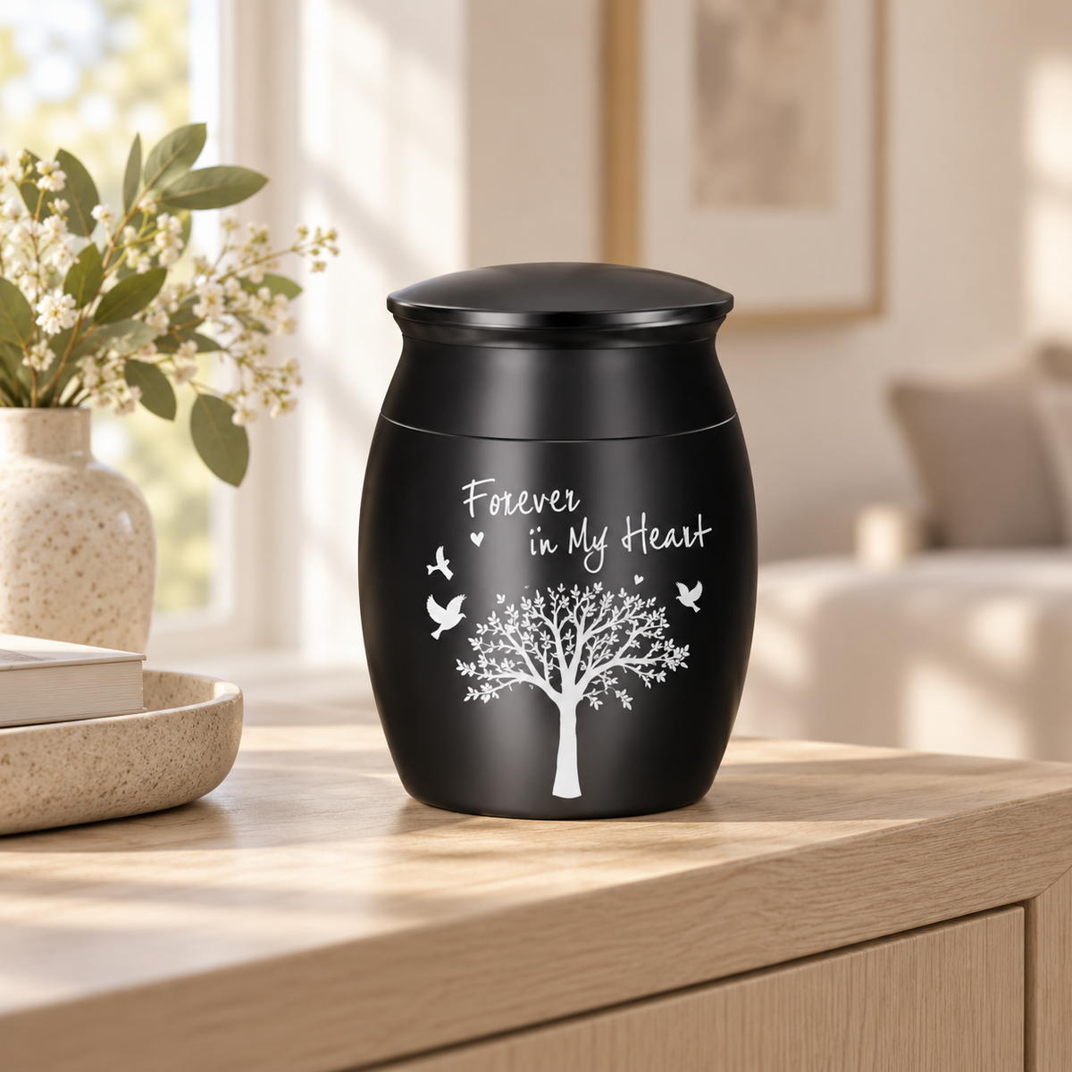 Black Tree and Birds Cremation Urn for Ashes | Forever in My Heart