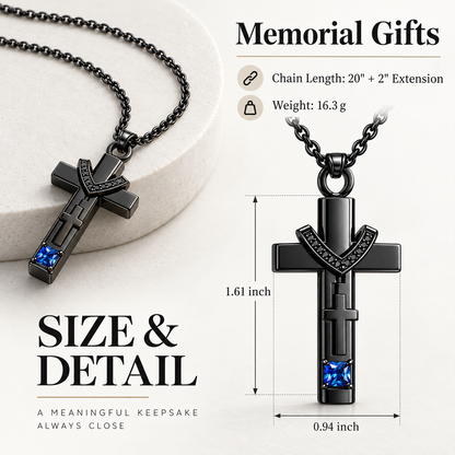 Black Cross Memorial Necklace with Blue Crystal | Faith Keepsake Pendant