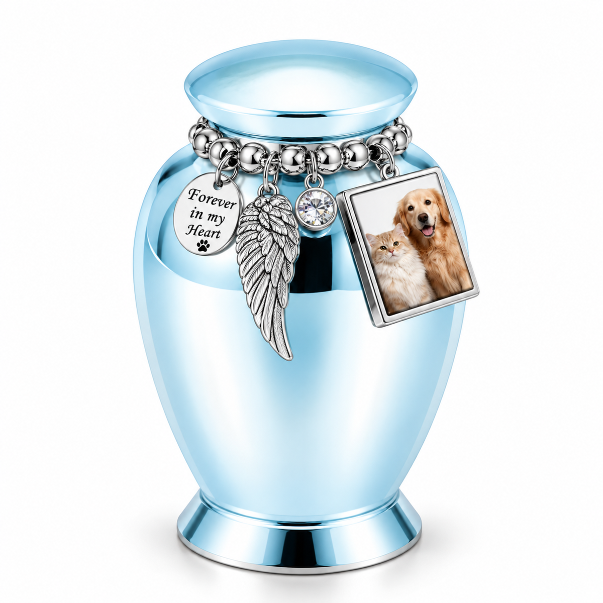 Sky Blue Pet Memorial Urn with Photo Frame & Angel Wing Charm