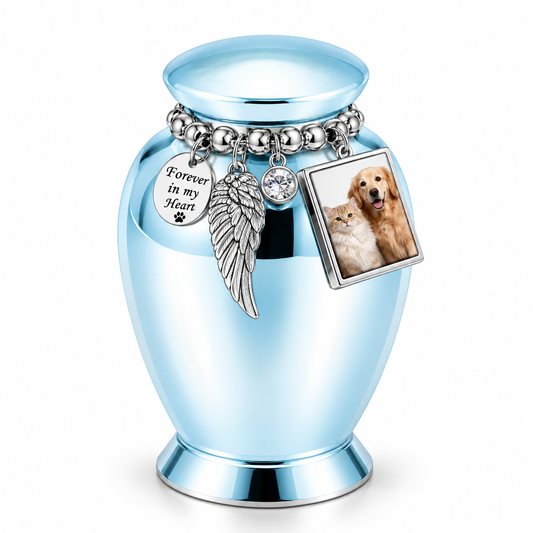 Sky Blue Pet Memorial Urn with Photo Frame & Angel Wing Charm