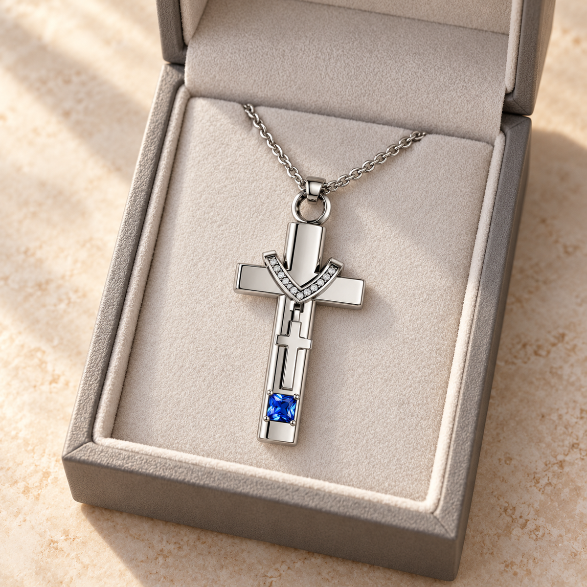 Cross Necklace for Ashes with Blue and Clear Stones