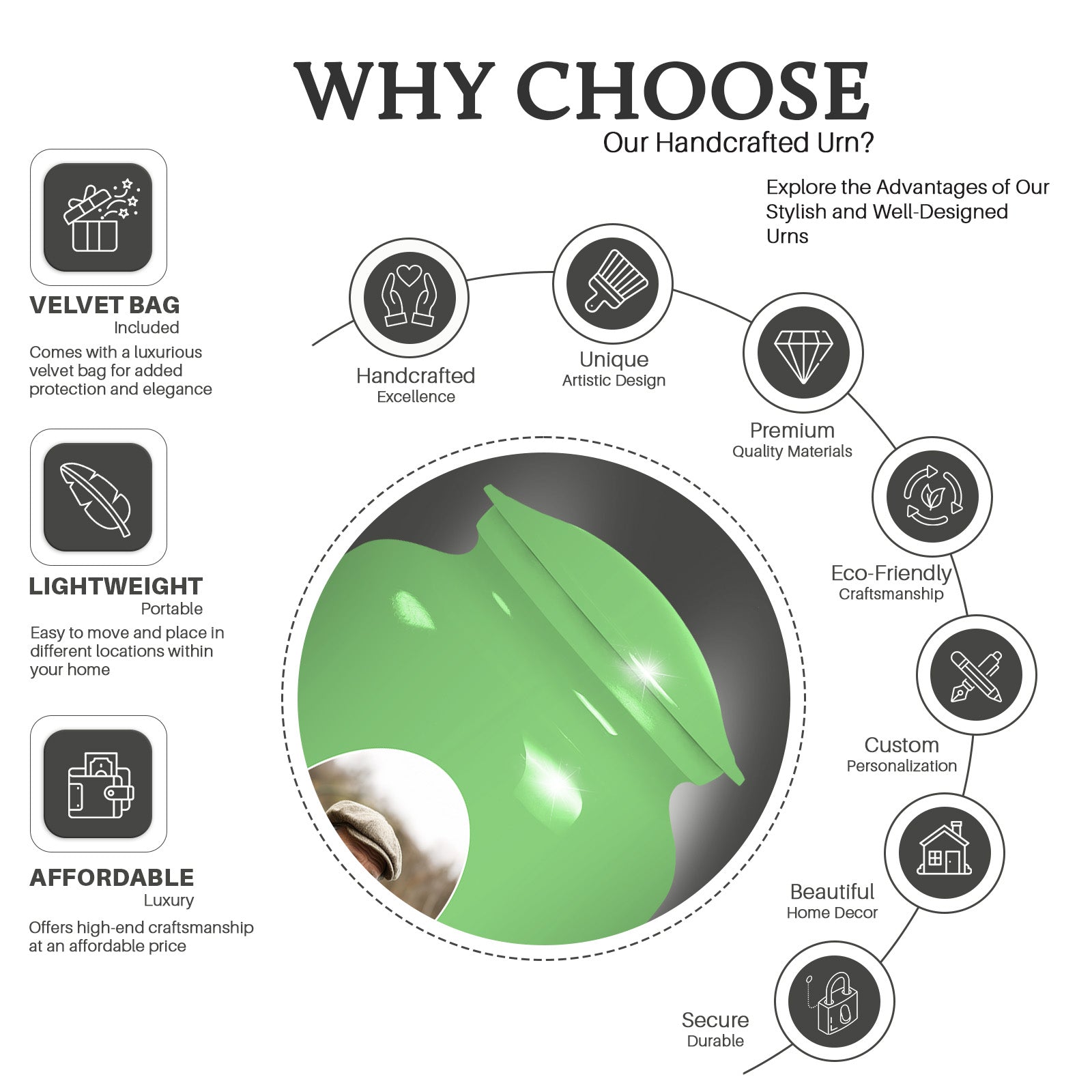 Light Green Portrait Customizable Large Urn - Plain Urn For Funeral Ashes