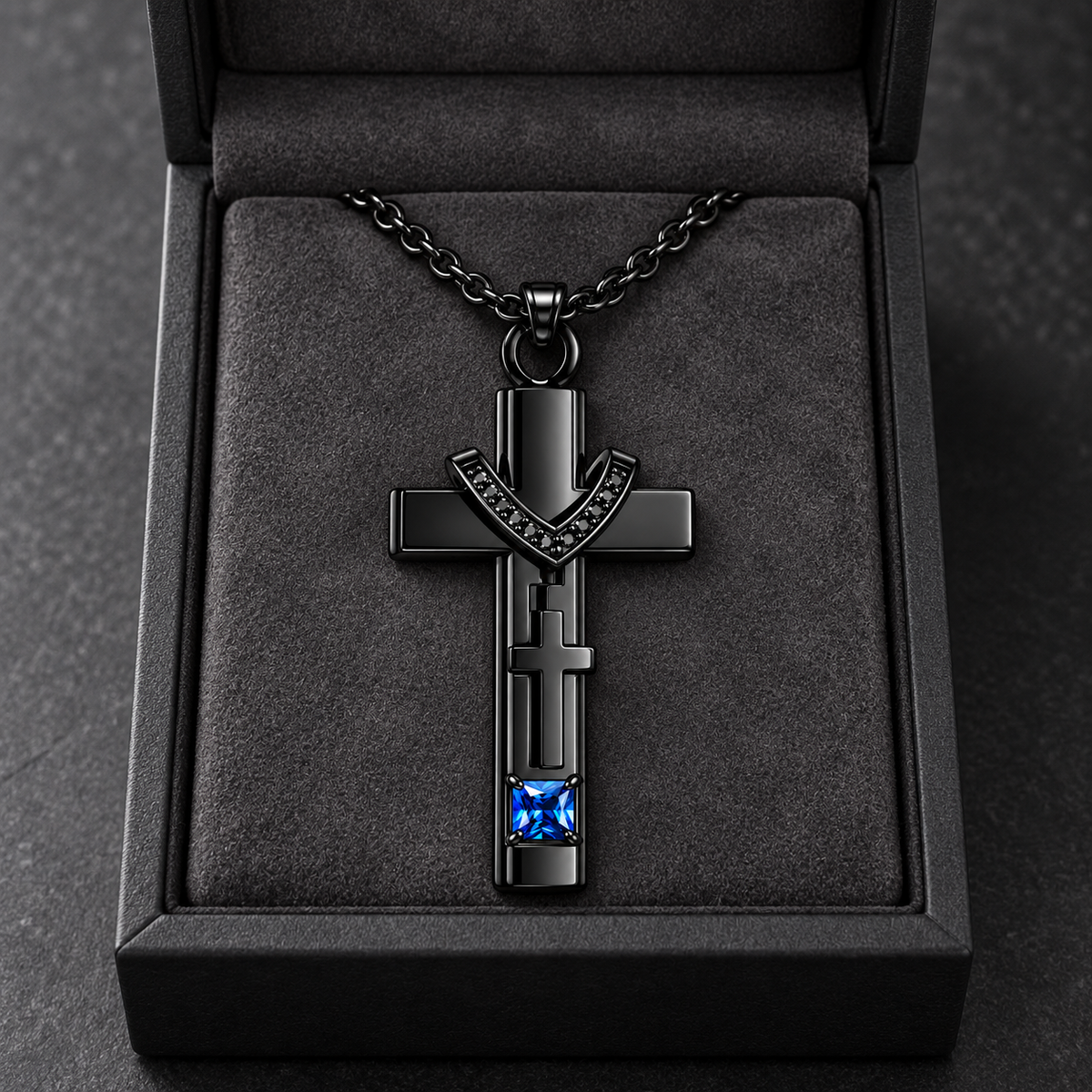 Black Cross Memorial Necklace with Blue Crystal | Faith Keepsake Pendant
