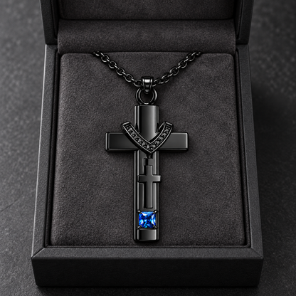 Black Cross Memorial Necklace with Blue Crystal | Faith Keepsake Pendant