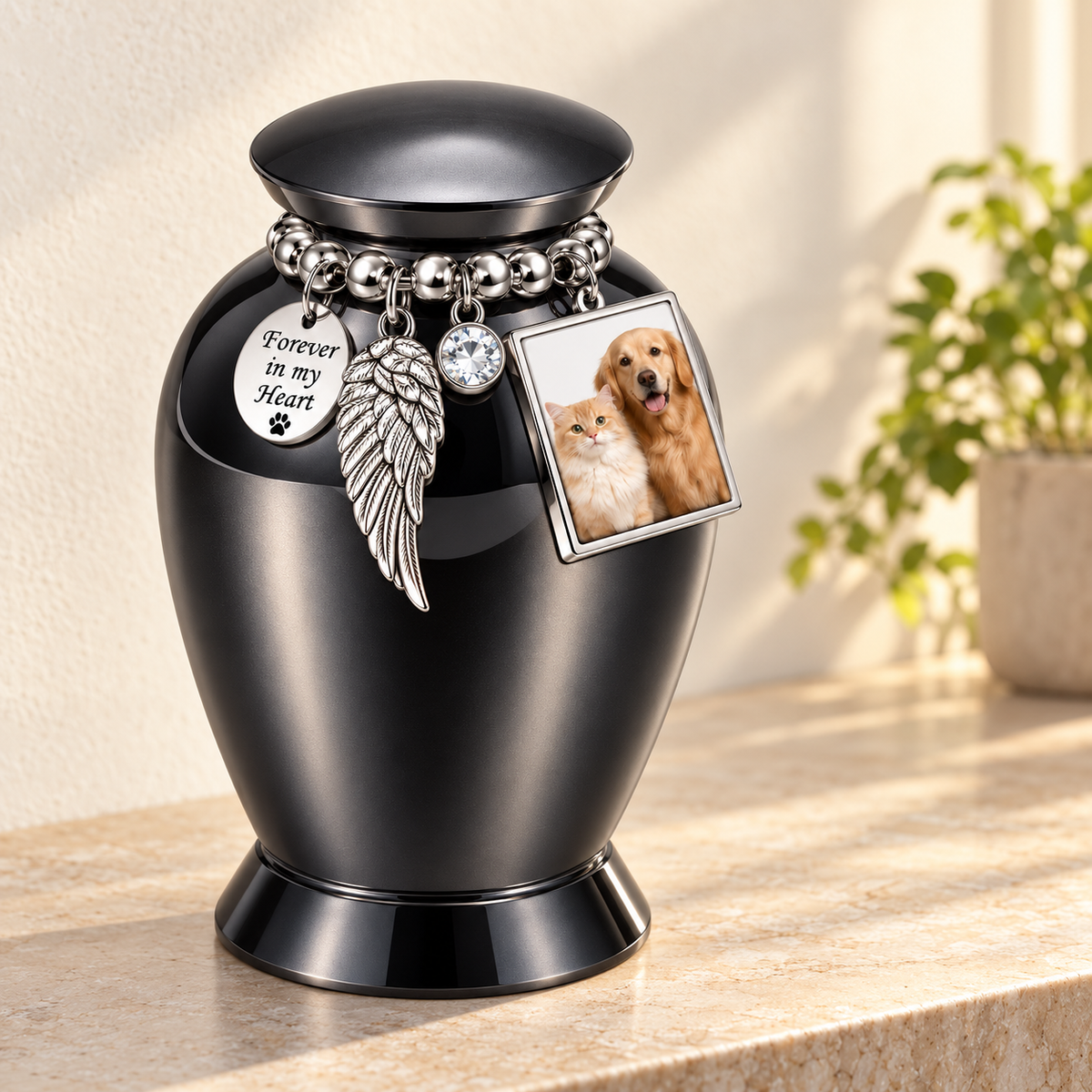 Black Pet Memorial Urn for Ashes with Photo Frame & Angel Wing Charm