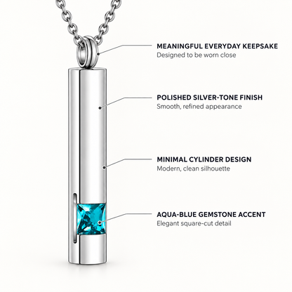 Silver-Tone Cylinder Urn Necklace for Ashes with Aqua Blue Stone