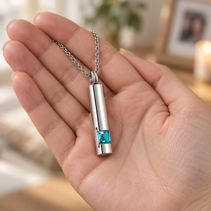 Silver-Tone Cylinder Urn Necklace for Ashes with Aqua Blue Stone