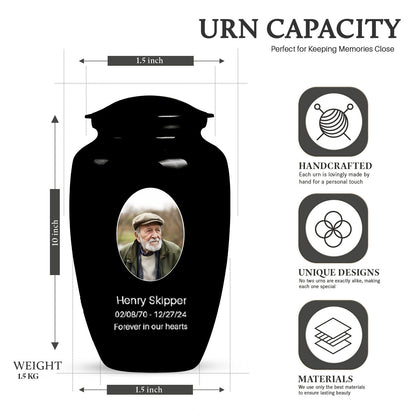 Black Personalized Artistic Cremation Urn for Human Ashes - 10-inch, 200 cu in - Yatskia