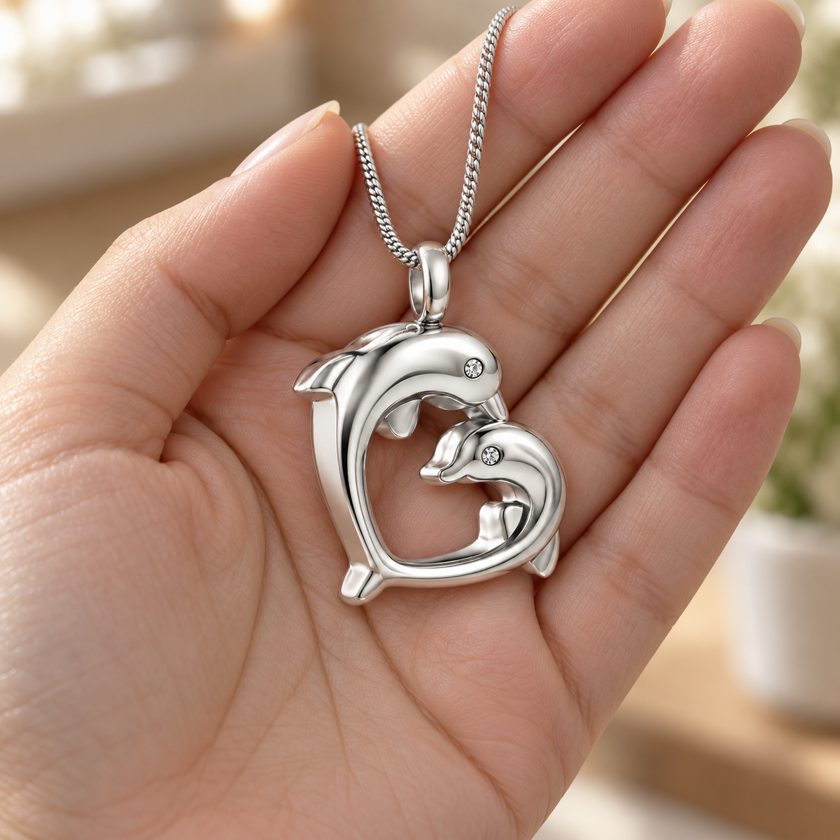 Silver Dolphin Heart Necklace with Crystal Eyes