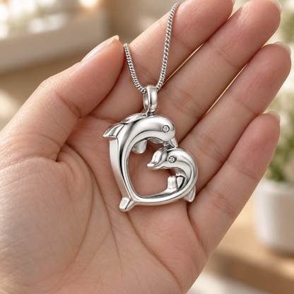 Silver Dolphin Heart Necklace with Crystal Eyes