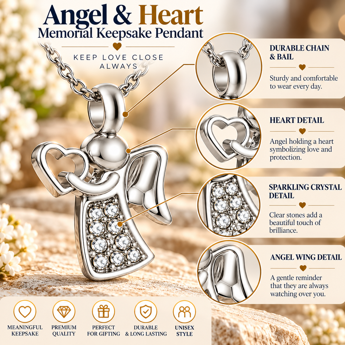 Angel of Love Memorial Necklace | Silver Heart Crystal Pendant