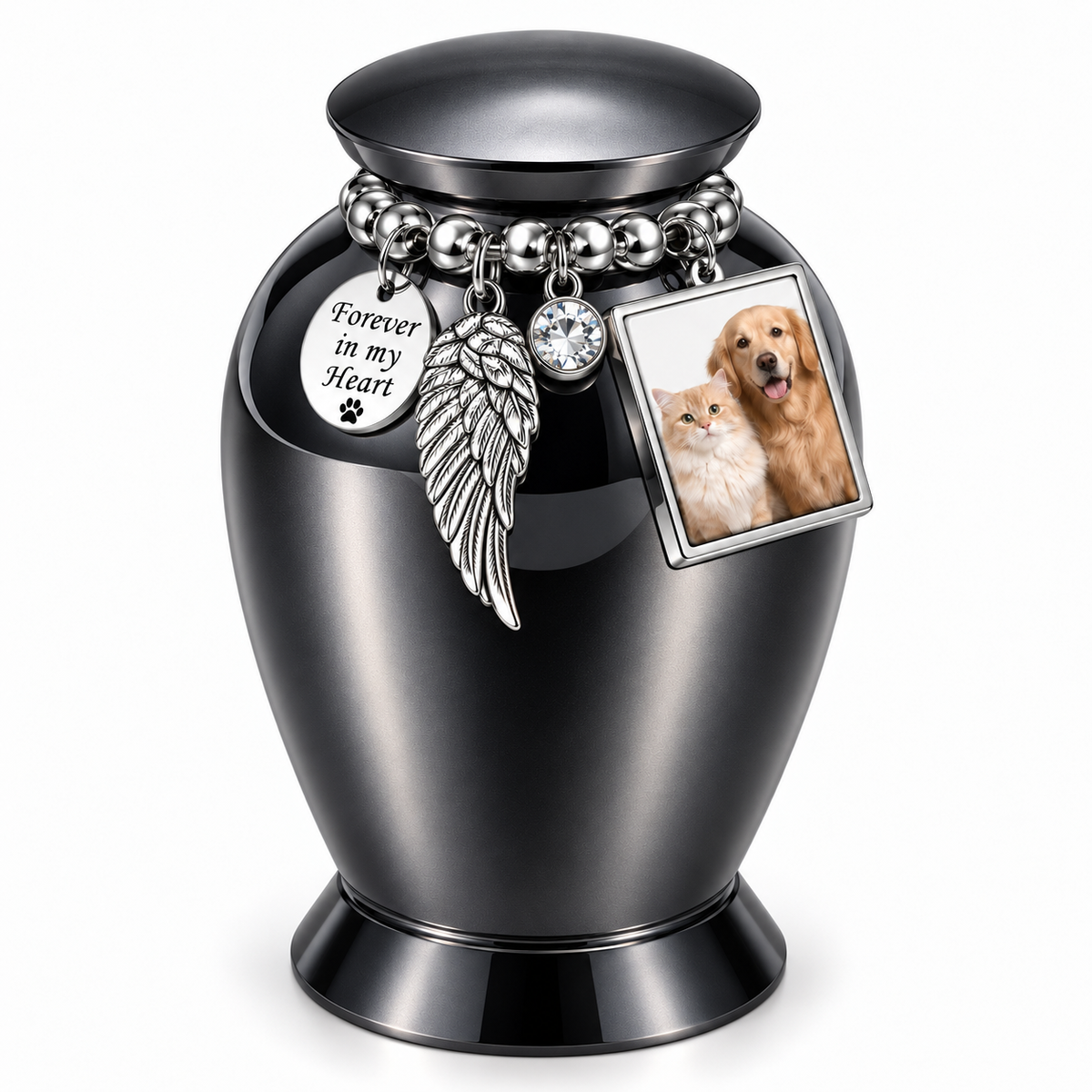 Black Pet Memorial Urn for Ashes with Photo Frame & Angel Wing Charm