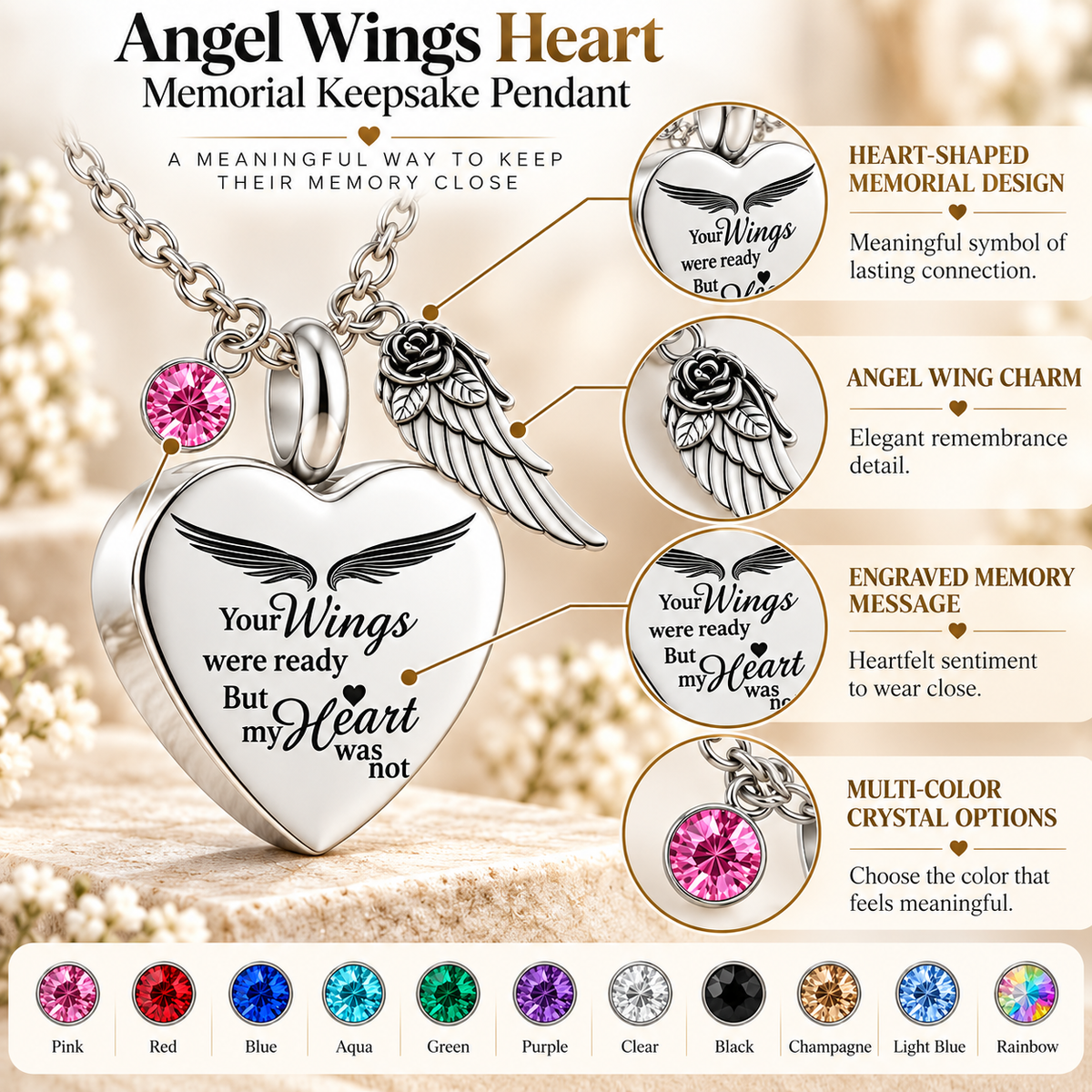 Angel Wings Heart Memorial Necklace with Pink Crystal & Wing Charm