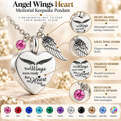 Angel Wings Heart Memorial Necklace with Pink Crystal & Wing Charm