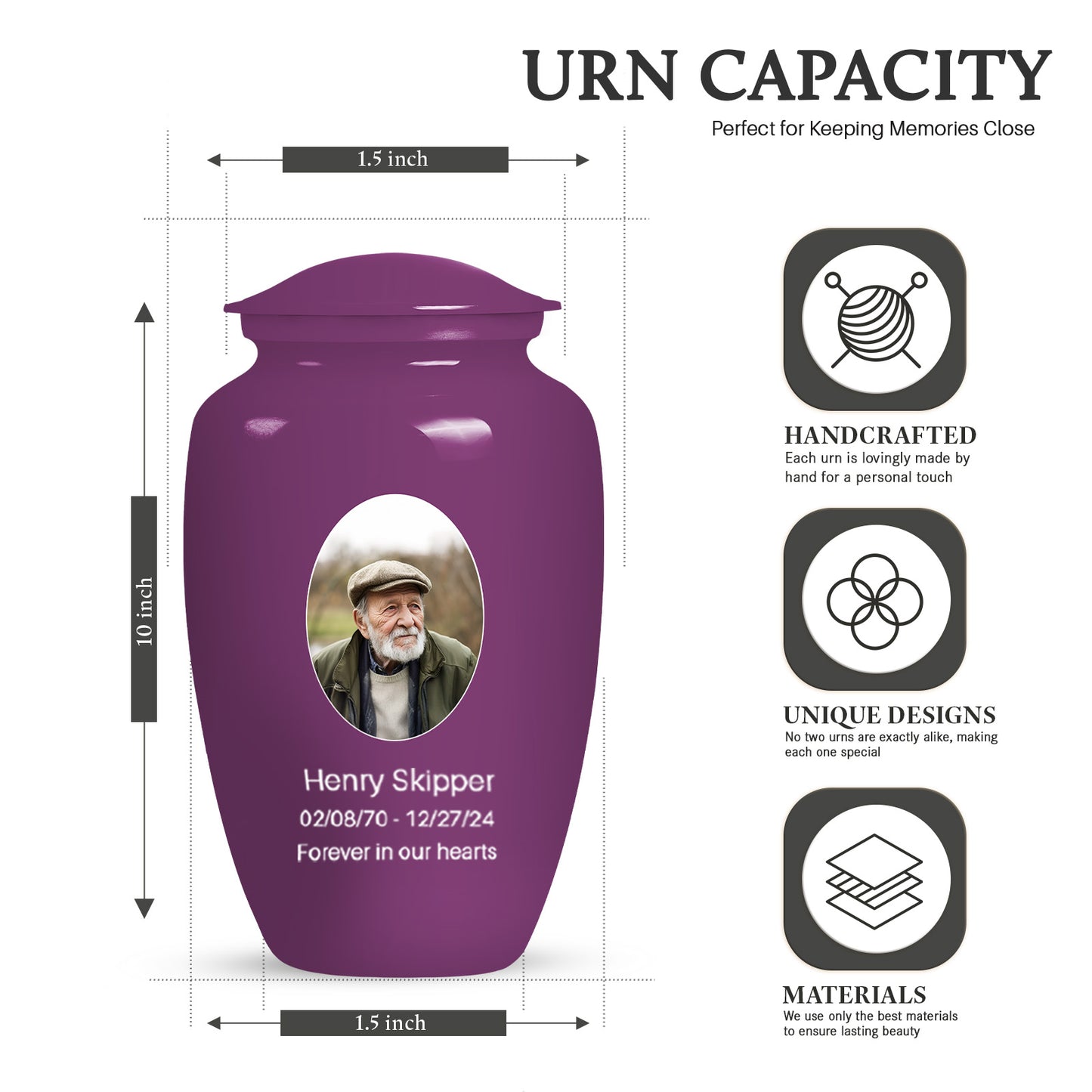 Purple Personalized Artistic Cremation Urn for Human Ashes - 10-inch, 200 cu in - Yatskia