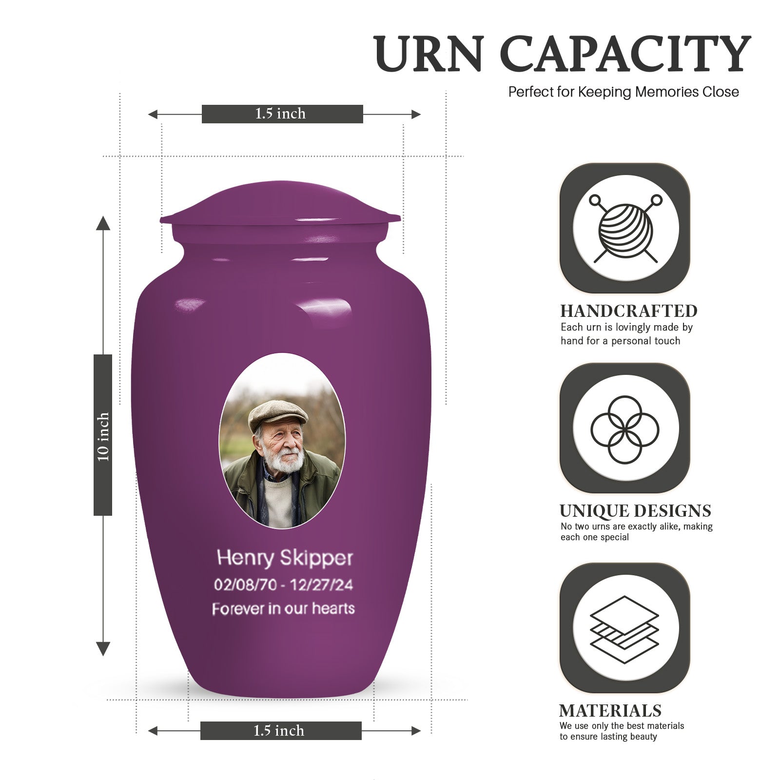 Plum Portrait Customizable Urn for Human Ashes - Plain Purple Urn Cremation Urn