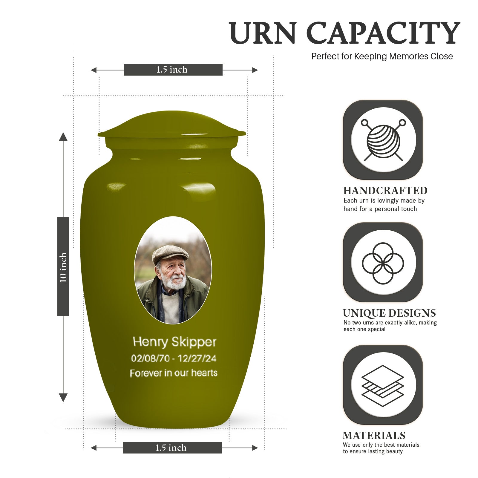 Olive Green Portrait Customizable Large Urn for Human Ashes - Plain Urns