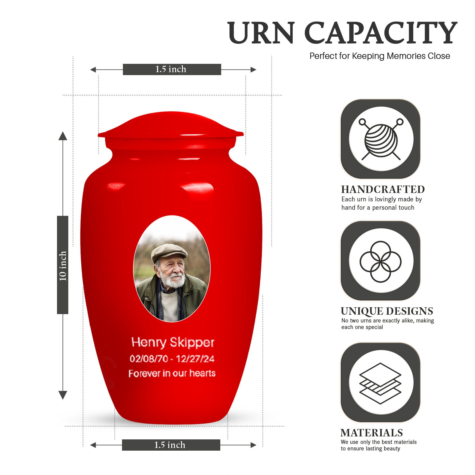 Red Portrait Customizable Large Urn for Human Ashes - Plain Urn For Cremation ash