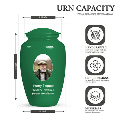 Green Personalized Artistic Cremation Urn for Human Ashes - 10-inch, 200 cu in - Yatskia