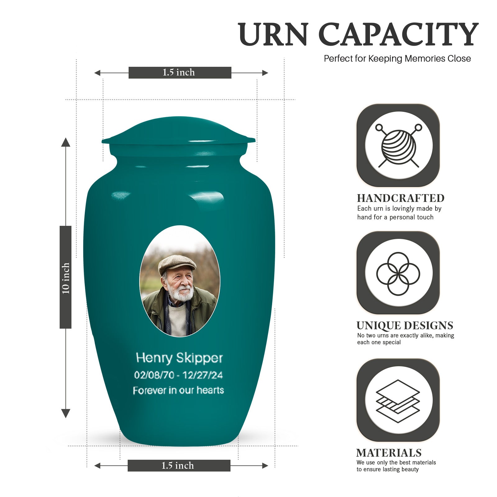 Plain Teal Portrait Customizable Urn for Human Ashes - Plain Funeral Urn
