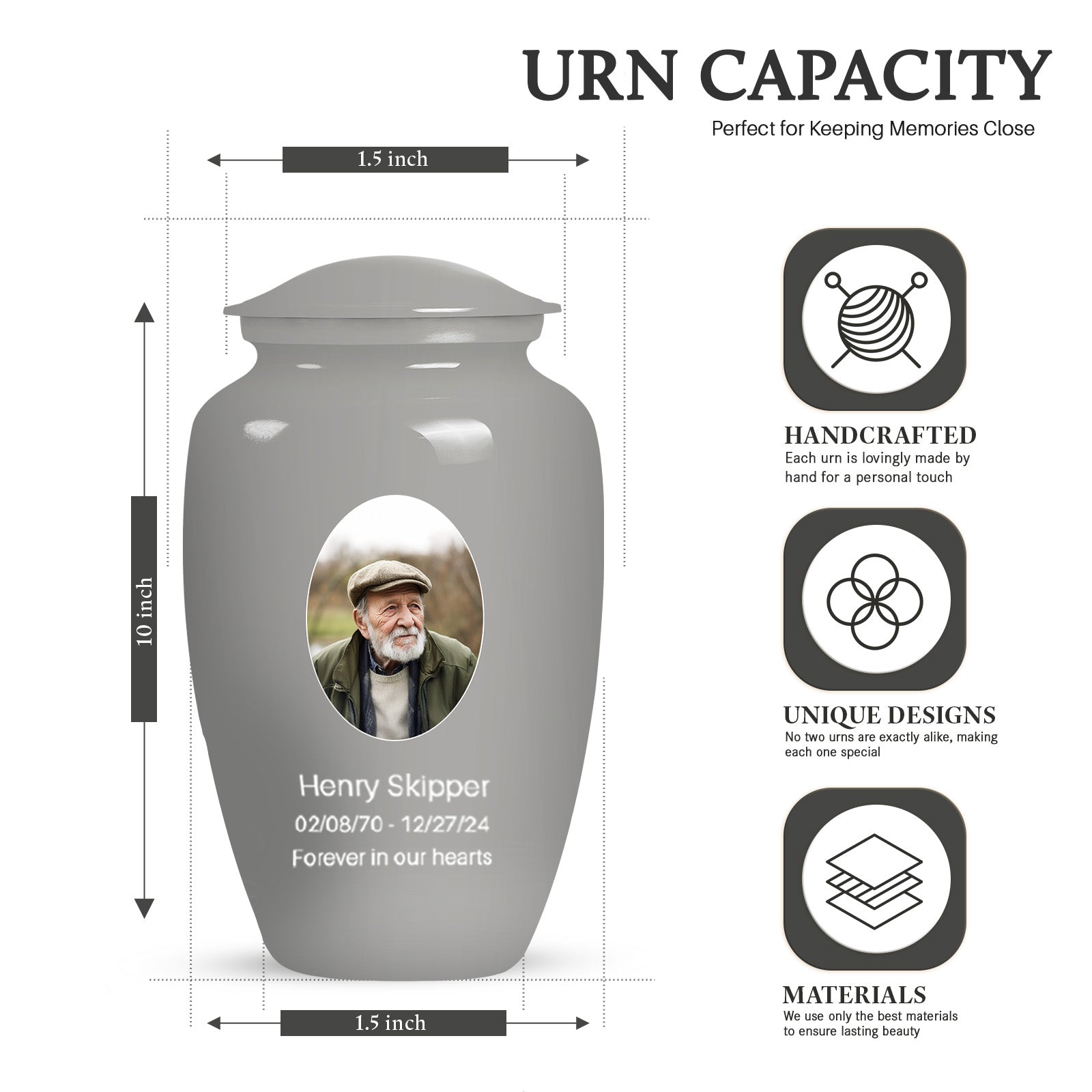 Silver Portrait Customizable Urn for Human Ashes - Plain Memorial Cremation Urn