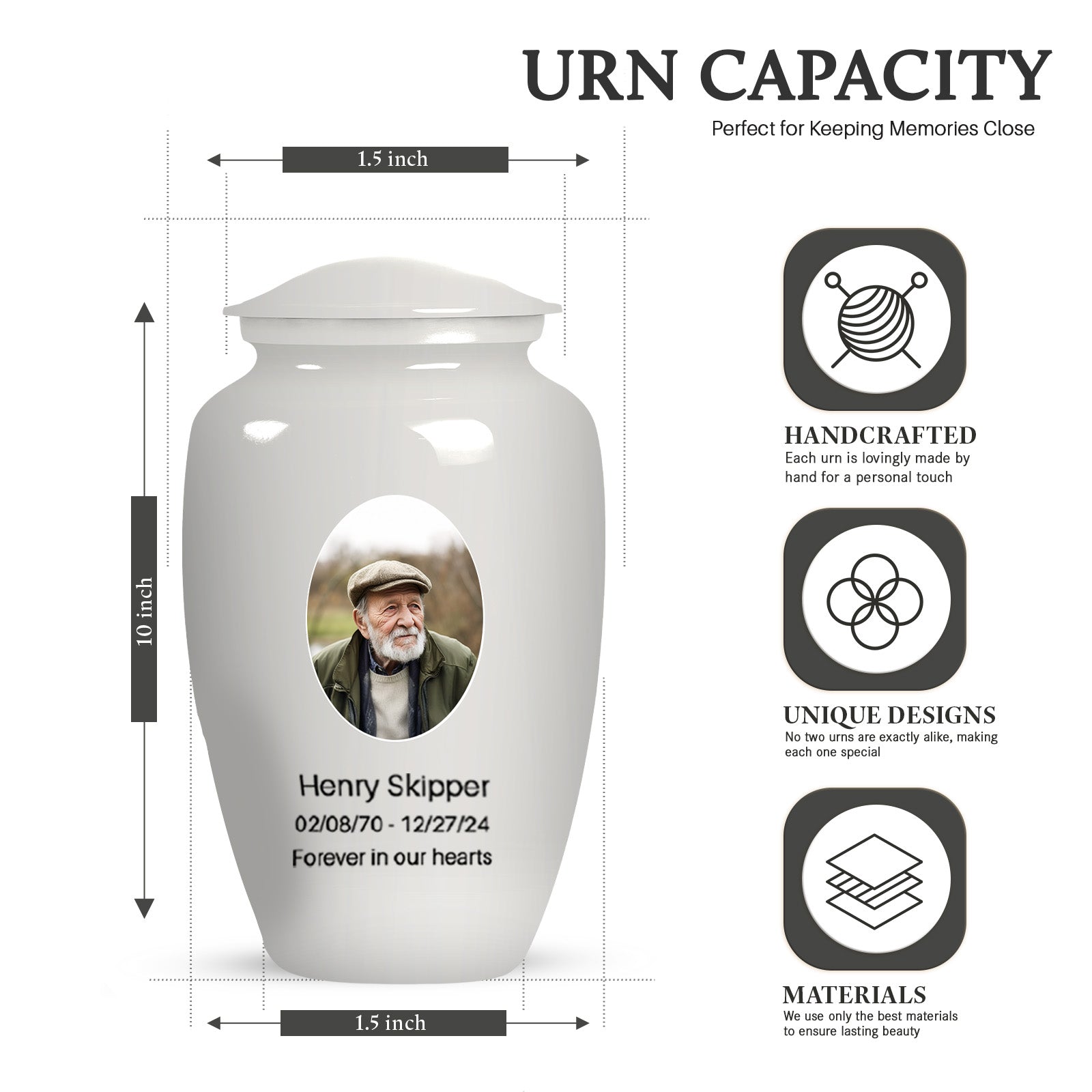 Plain White Portrait Customizable Large Urn for Human Ashes - Plain White Urn For Funeral