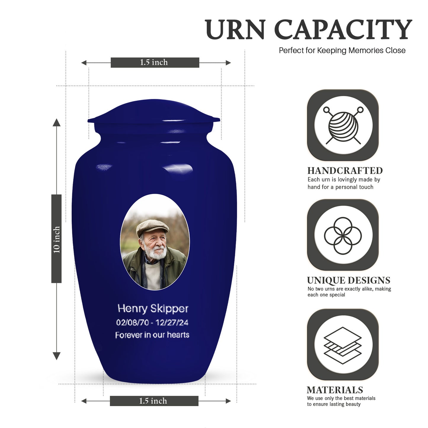 Blue Personalized Artistic Cremation Urn for Dad - 10-inch, 200 cu in - Yatskia