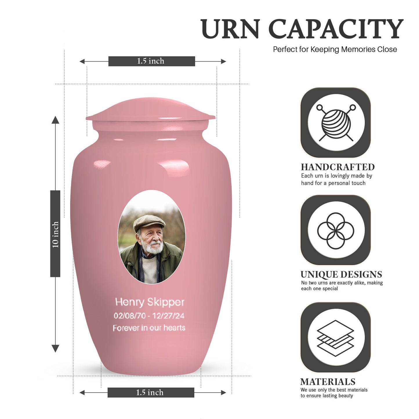 Pink Personalized Artistic Cremation Urn for Human Ashes - 10-inch, 200 cu in - Yatskia