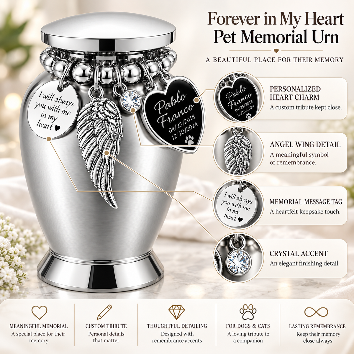 Silver-Tone Pet Cremation Urn with Angel Wing & Paw Print Heart