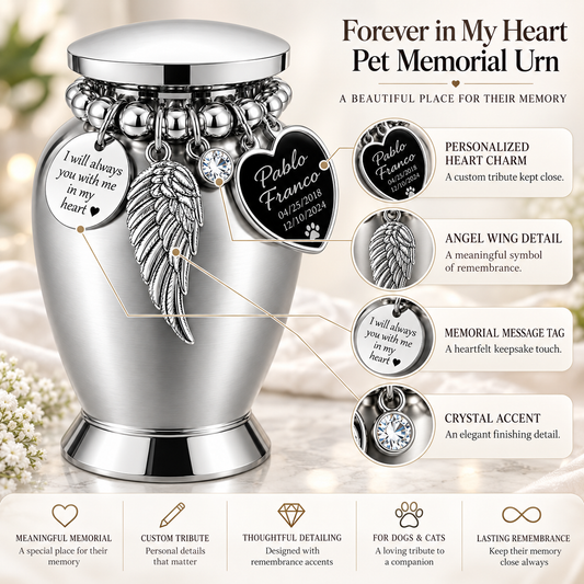 Silver-Tone Pet Cremation Urn with Angel Wing & Paw Print Heart