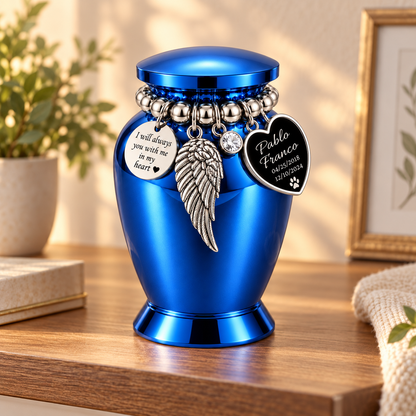 Blue Cremation Urn for Pet Ashes with Silver-Tone Charms