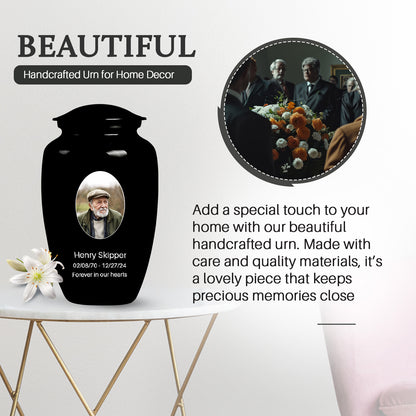 Black Personalized Artistic Cremation Urn for Human Ashes - 10-inch, 200 cu in - Yatskia