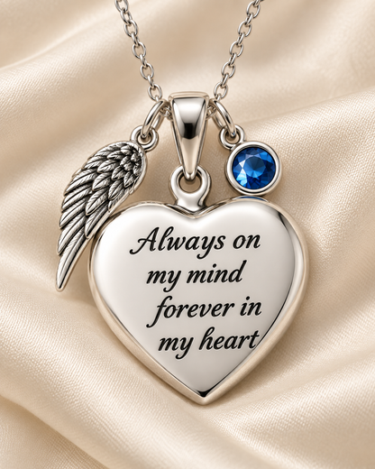 Angel Wing Heart Memorial Necklace with Blue Birthstone