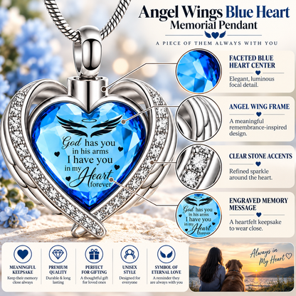 Blue Heart Angel Wings Memorial Necklace | Forever in My Heart Pendant