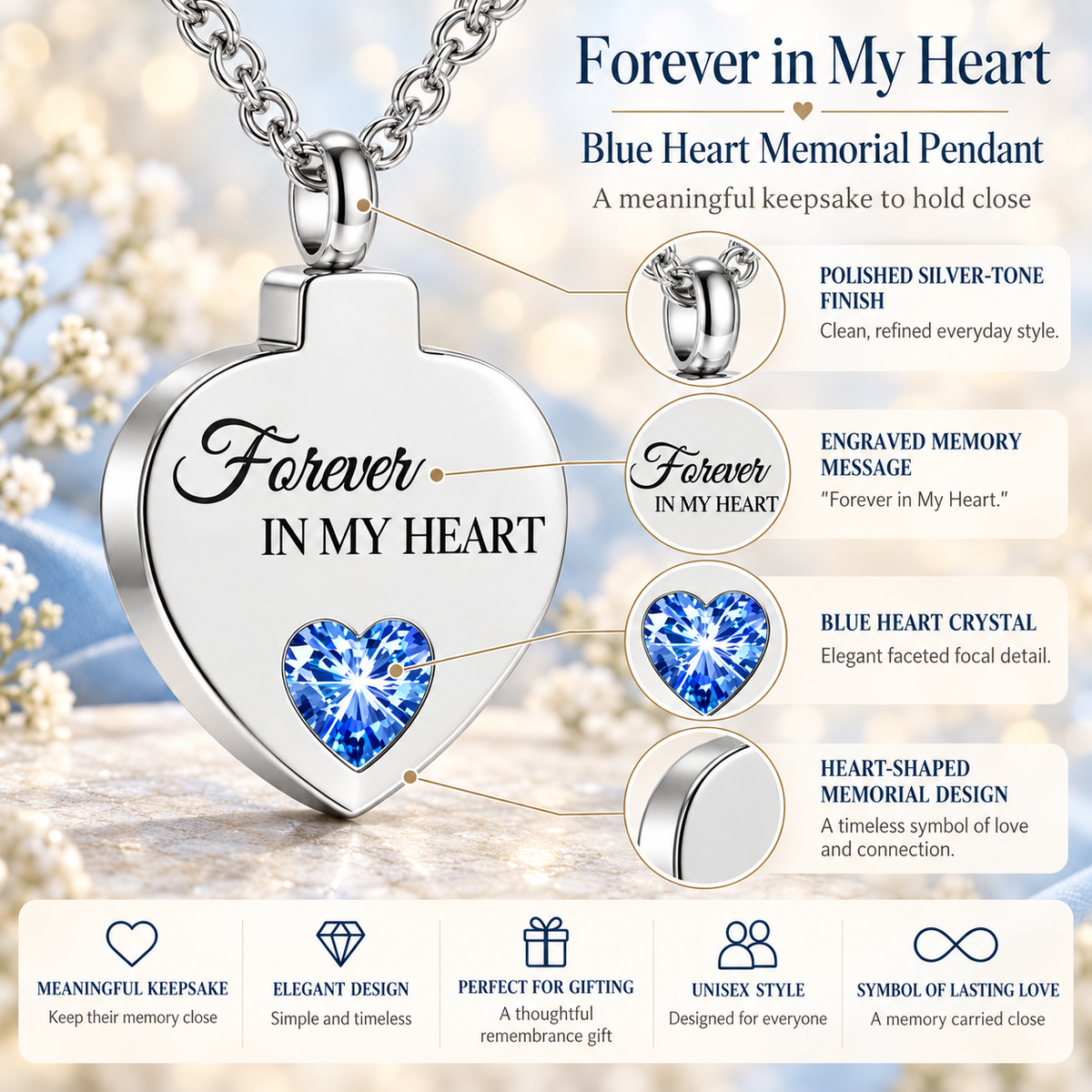 Blue Crystal Memorial Necklace – Forever in My Heart Pendant