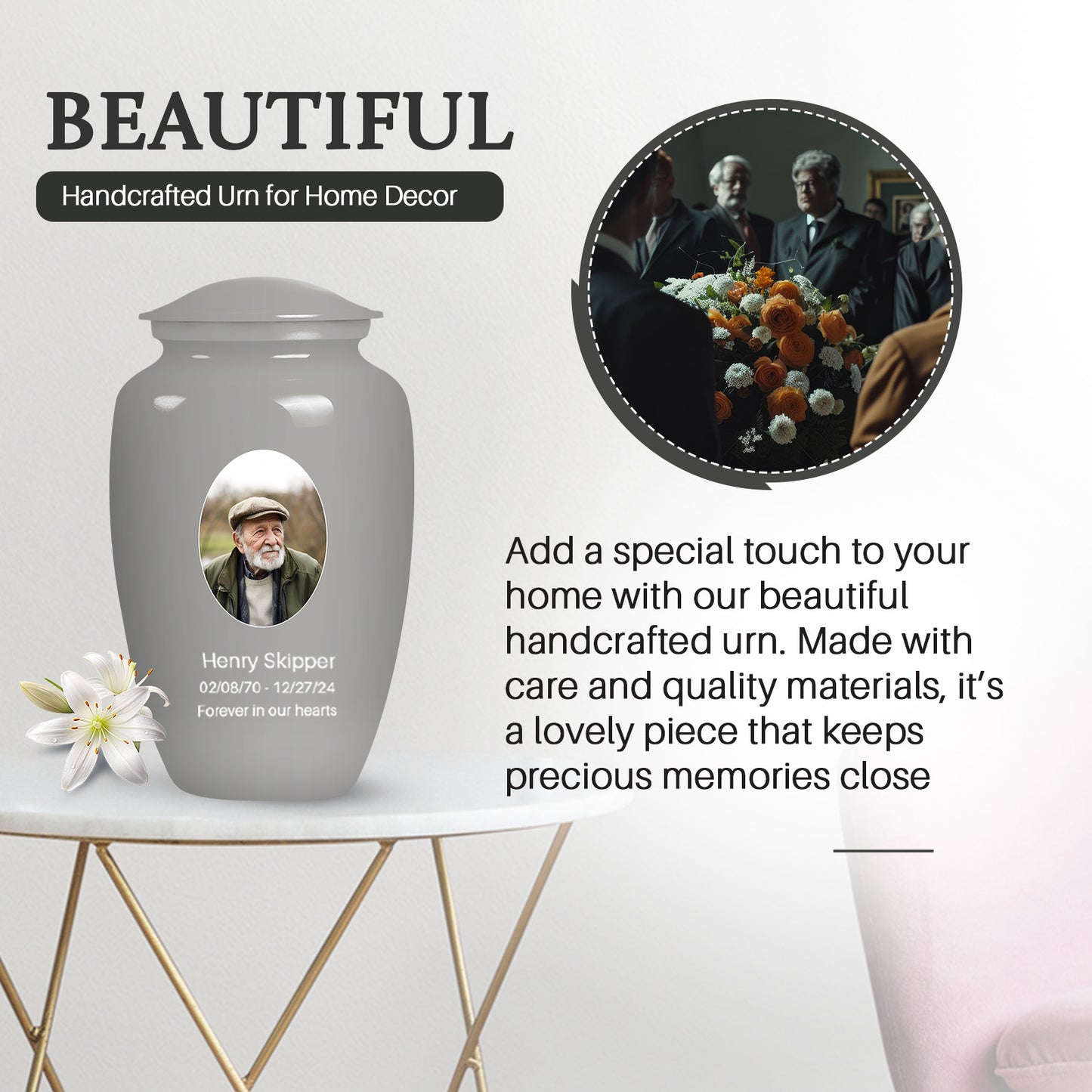 Silver Personalized Artistic Cremation Urn for Human Ashes - 10-inch, 200 cu in - Yatskia