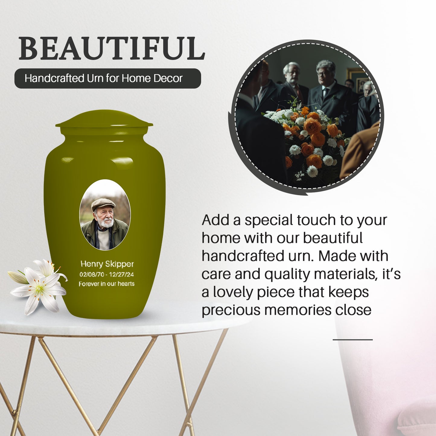 Green Personalized Artistic Cremation Urn for Human Ashes - 10-inch, 200 cu in - Yatskia