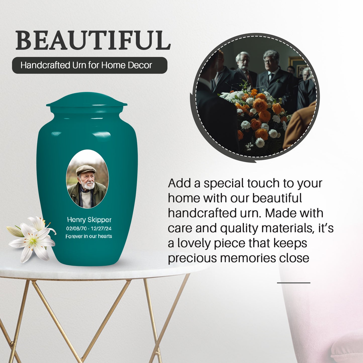 Teal Personalized Artistic Cremation Urn for Human Ashes - 10-inch, 200 cu in - Yatskia