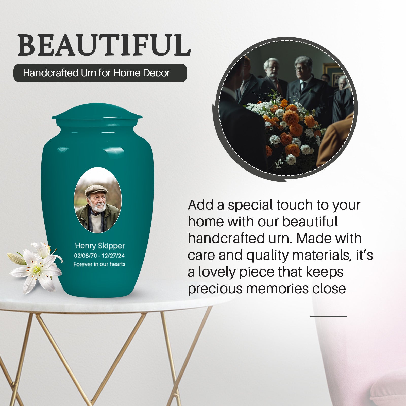 Plain Teal Portrait Customizable Urn for Human Ashes - Plain Funeral Urn