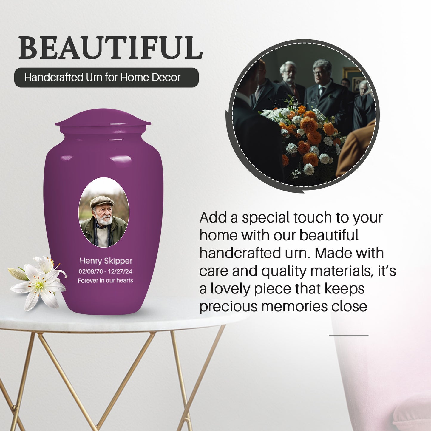 Purple Personalized Artistic Cremation Urn for Human Ashes - 10-inch, 200 cu in - Yatskia