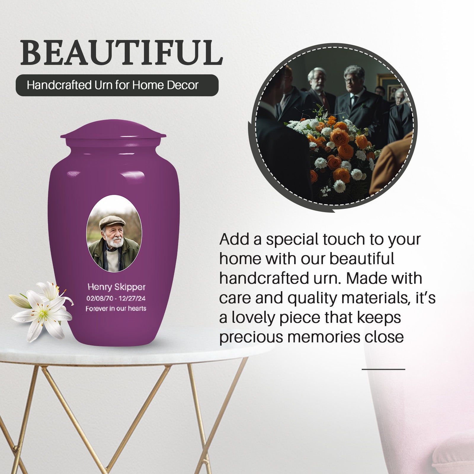 Plum Portrait Customizable Urn for Human Ashes - Plain Purple Urn Cremation Urn