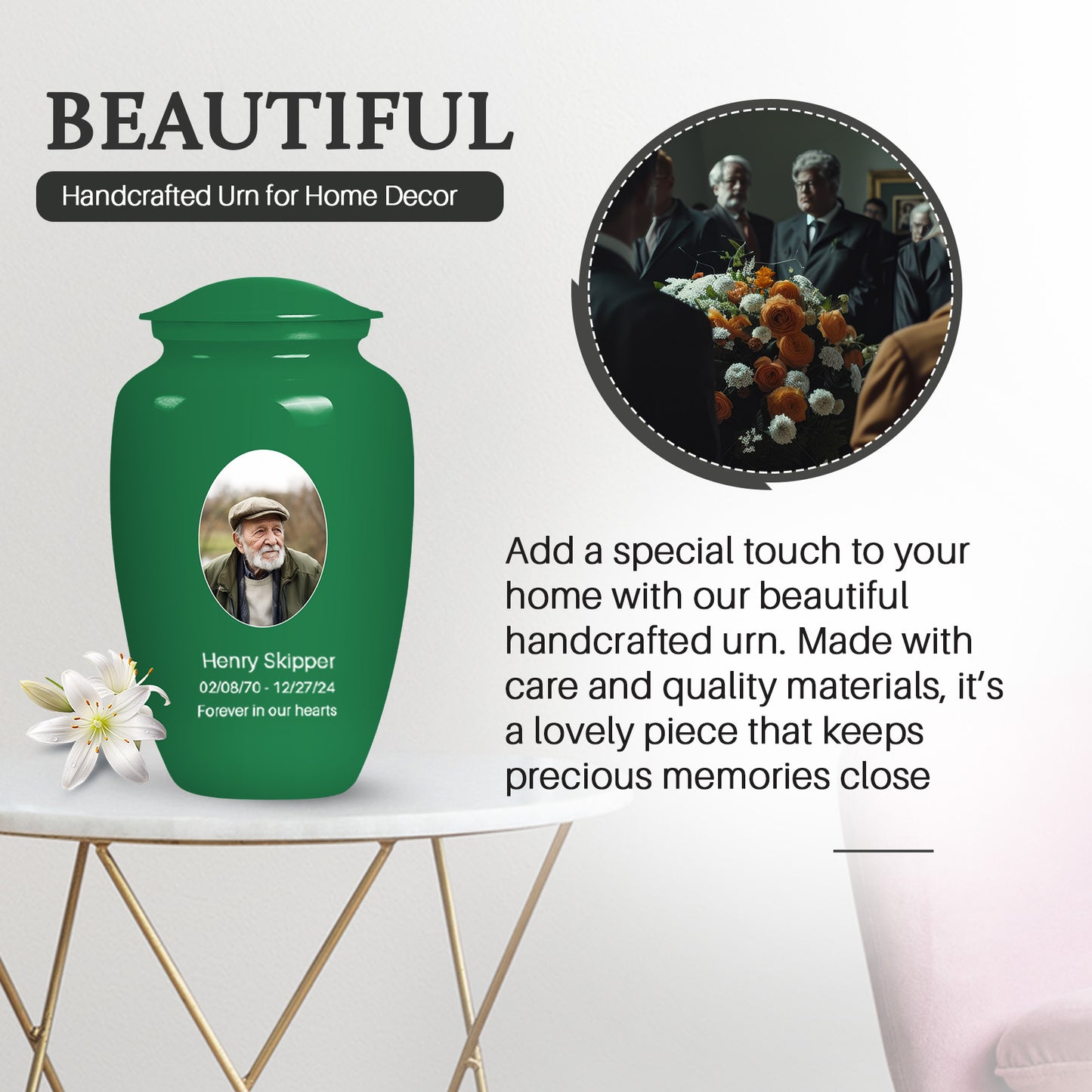 Green Personalized Artistic Cremation Urn for Human Ashes - 10-inch, 200 cu in - Yatskia